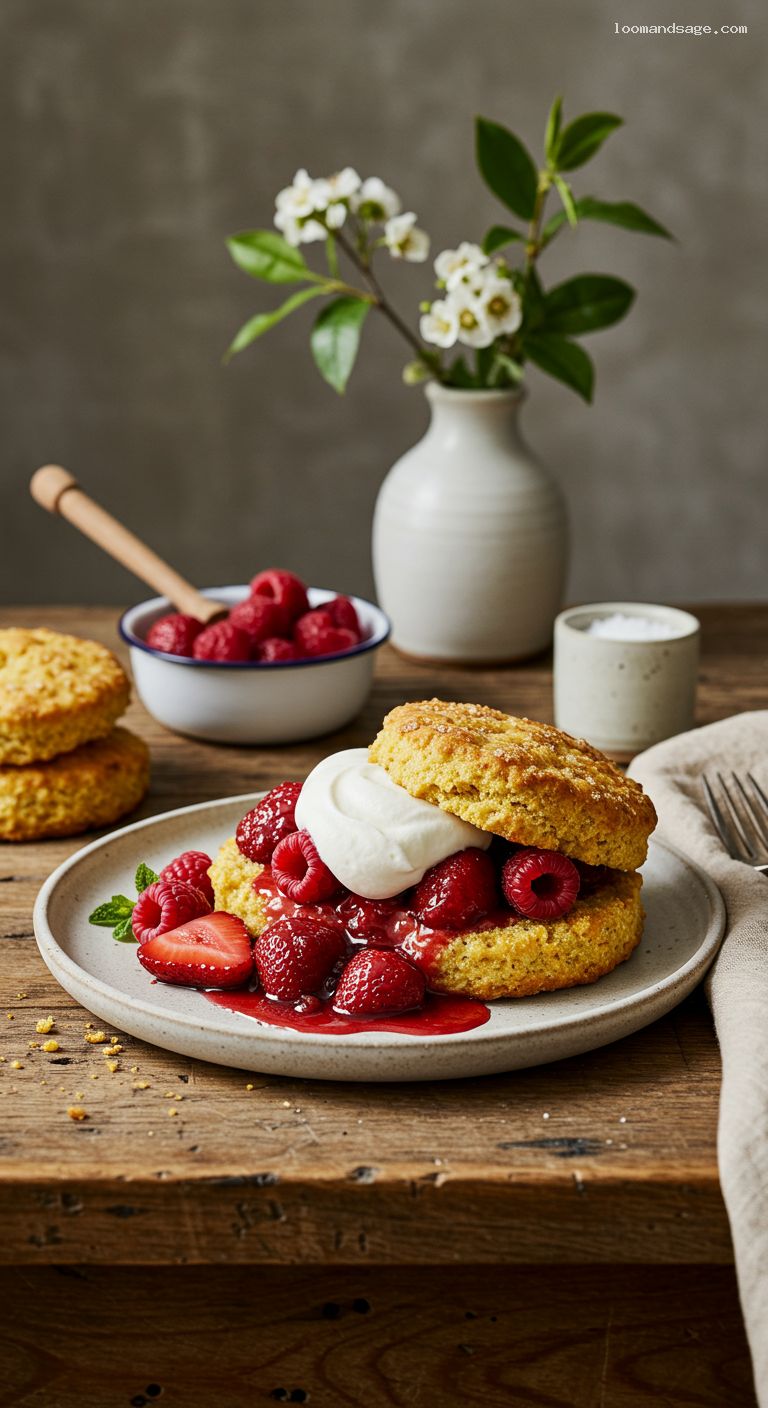 Roasted Strawberry Shortcake with Cornmeal Biscuits and Vanilla Whipped Cream
