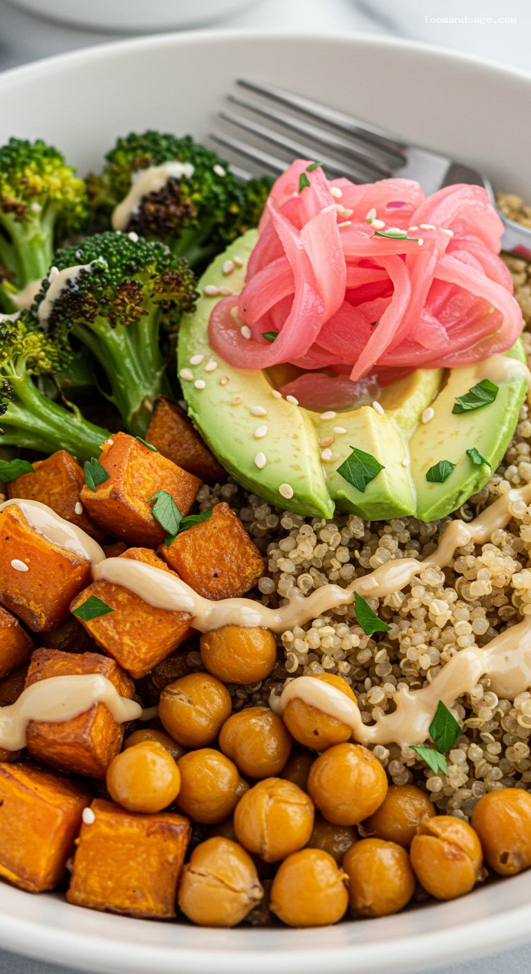Roasted Veggie Buddha Bowl with Tahini-Lemon Drizzle – Closeup
