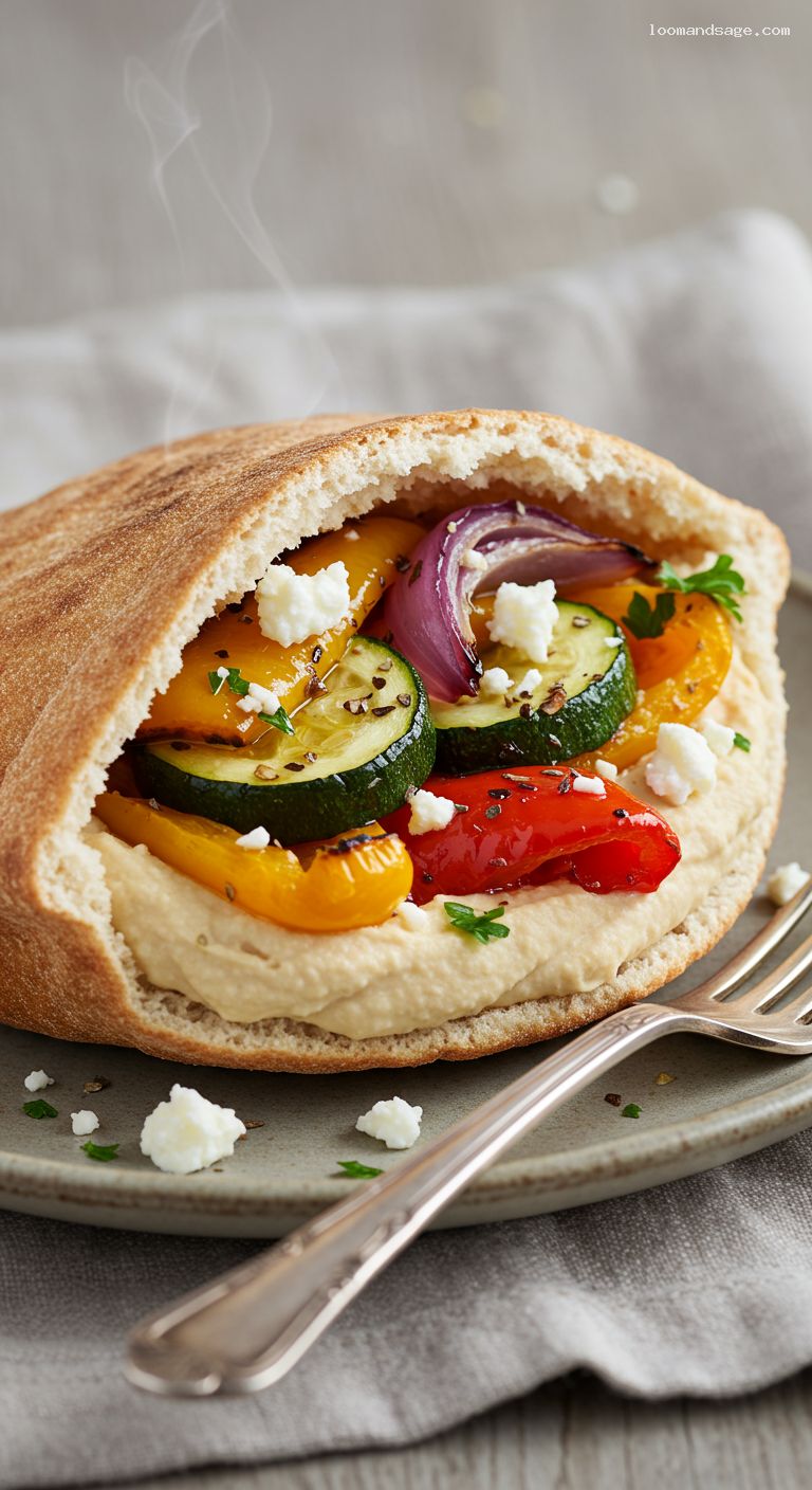 Roasted Veggie Hummus Pitas with Feta – Closeup