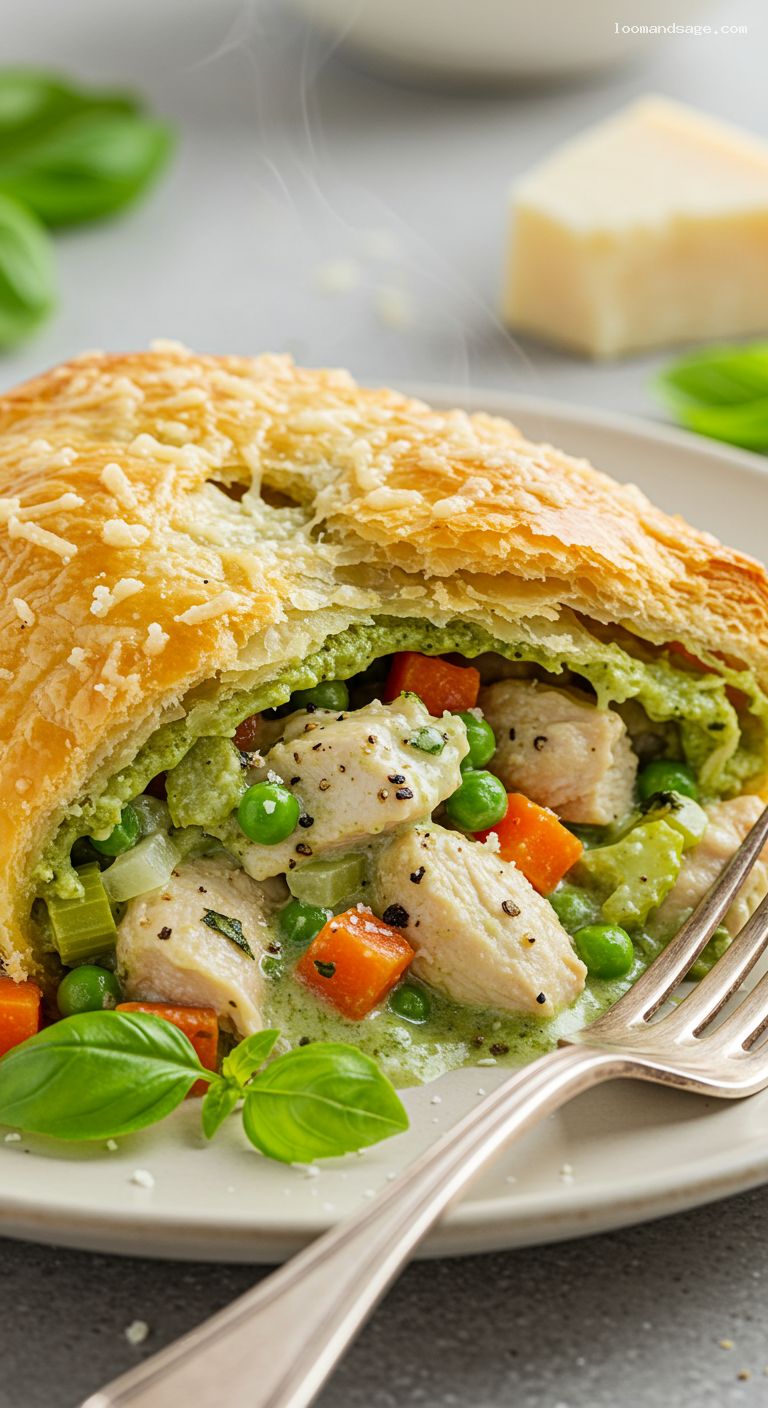 Rustic Pesto Chicken Pot Pie with Pecorino – Closeup