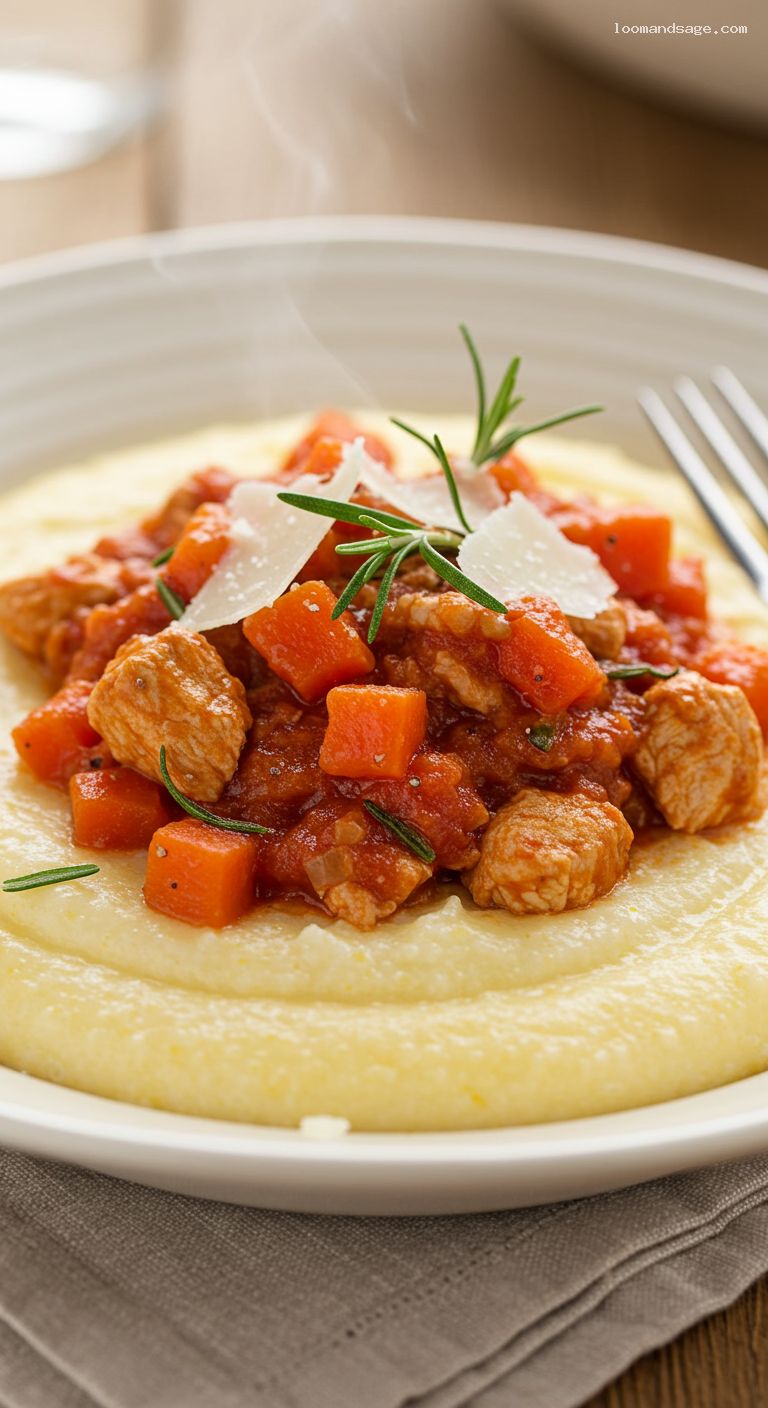Rustic Turkey Ragu with Rosemary over Mascarpone Polenta – Closeup