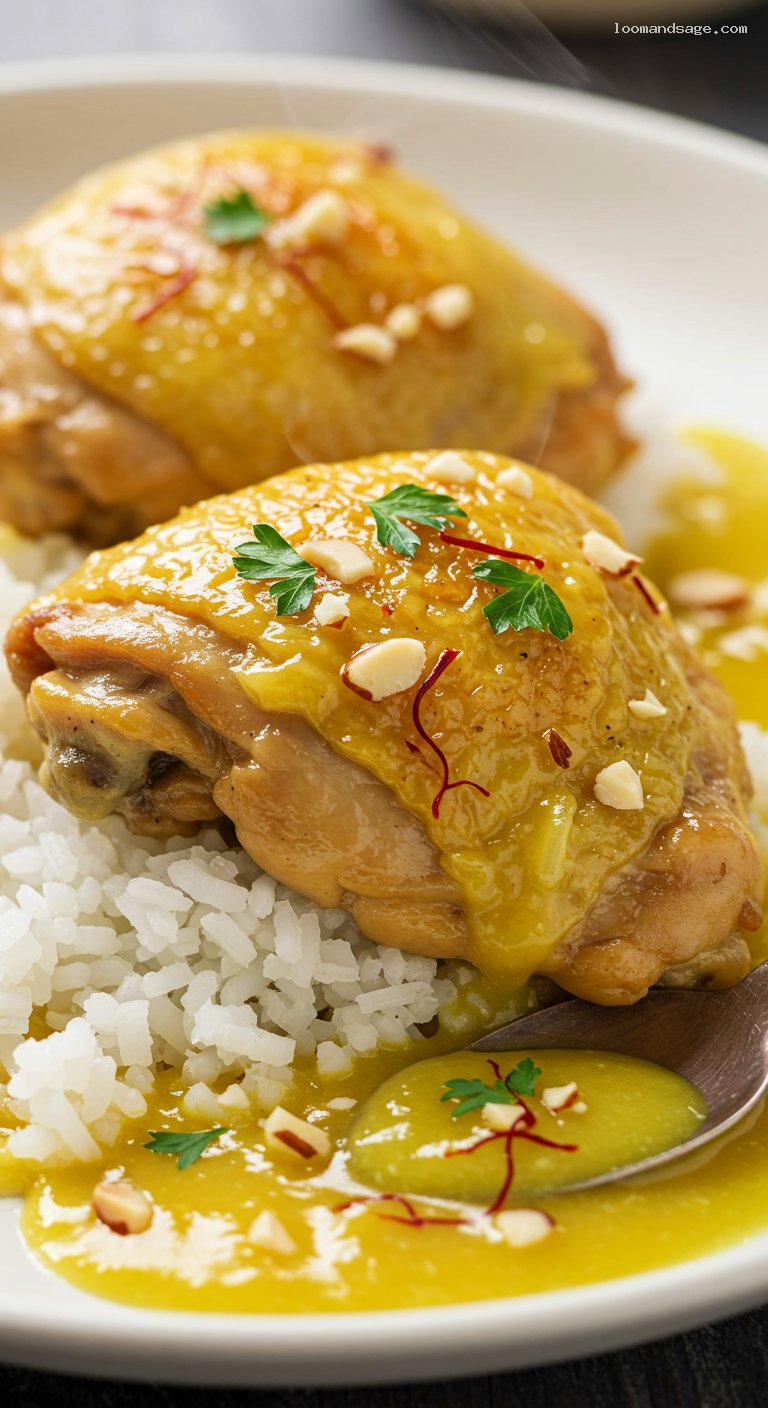 Saffron Chicken in Almond-Garlic Pepitoria Sauce – Closeup