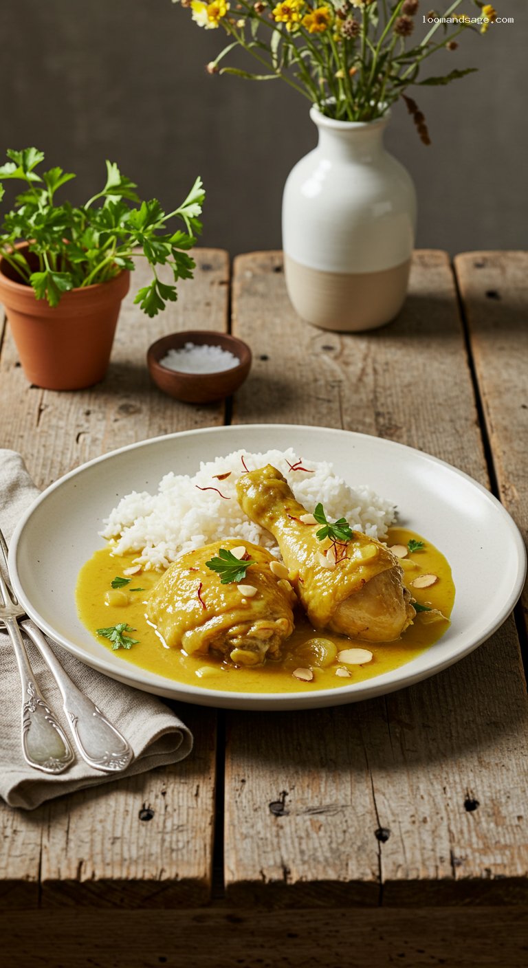 Saffron Chicken in Almond-Garlic Pepitoria Sauce