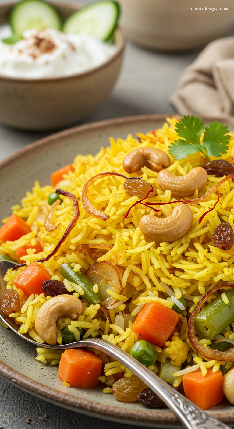 Saffron Vegetable Biryani with Cool Cucumber Raita – Closeup