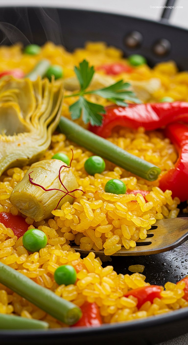 Saffron Vegetable Paella with Socarrat and Lemon – Closeup