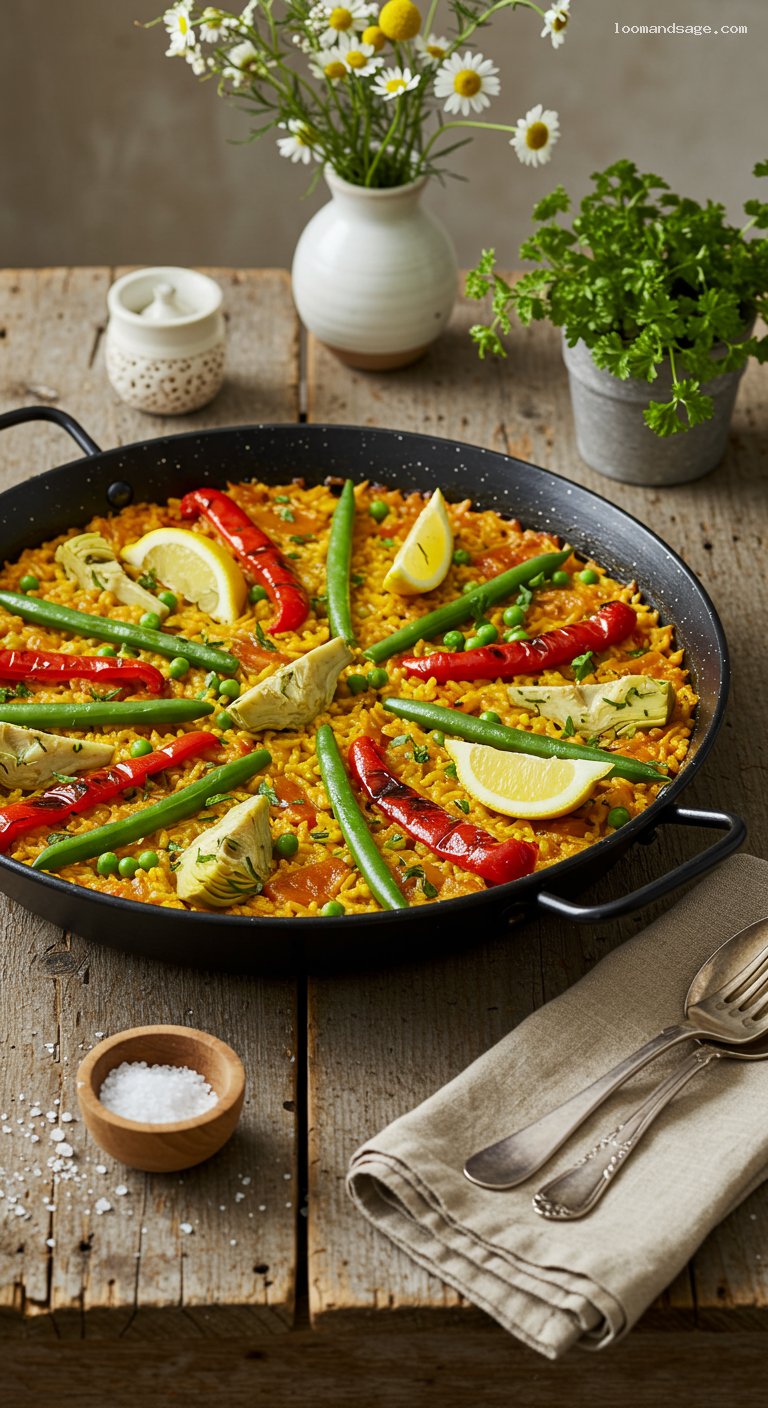 Saffron Vegetable Paella with Socarrat and Lemon