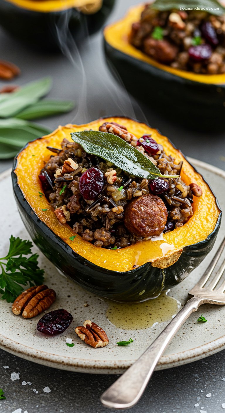 Sage Butter Stuffed Acorn Squash with Wild Rice and Sausage – Closeup