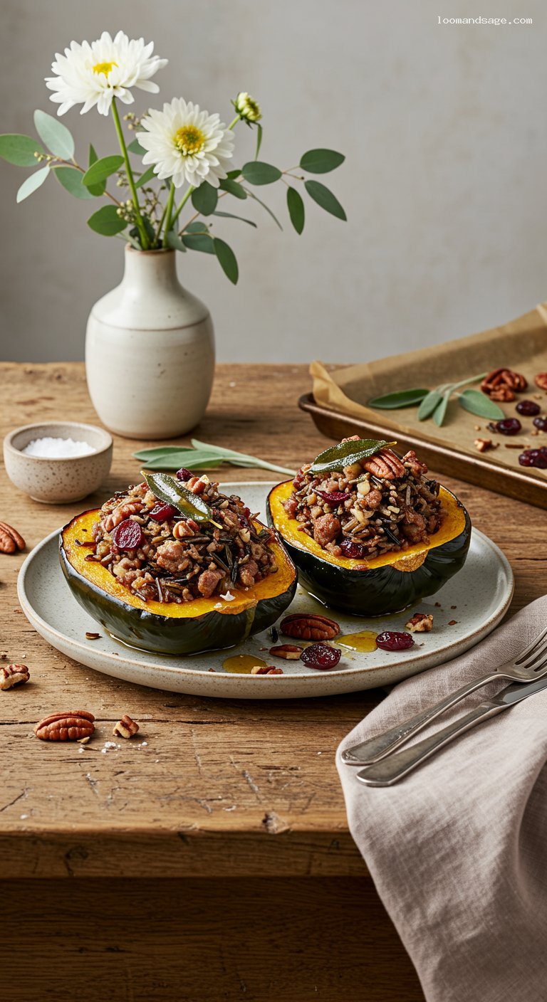 Sage Butter Stuffed Acorn Squash with Wild Rice and Sausage