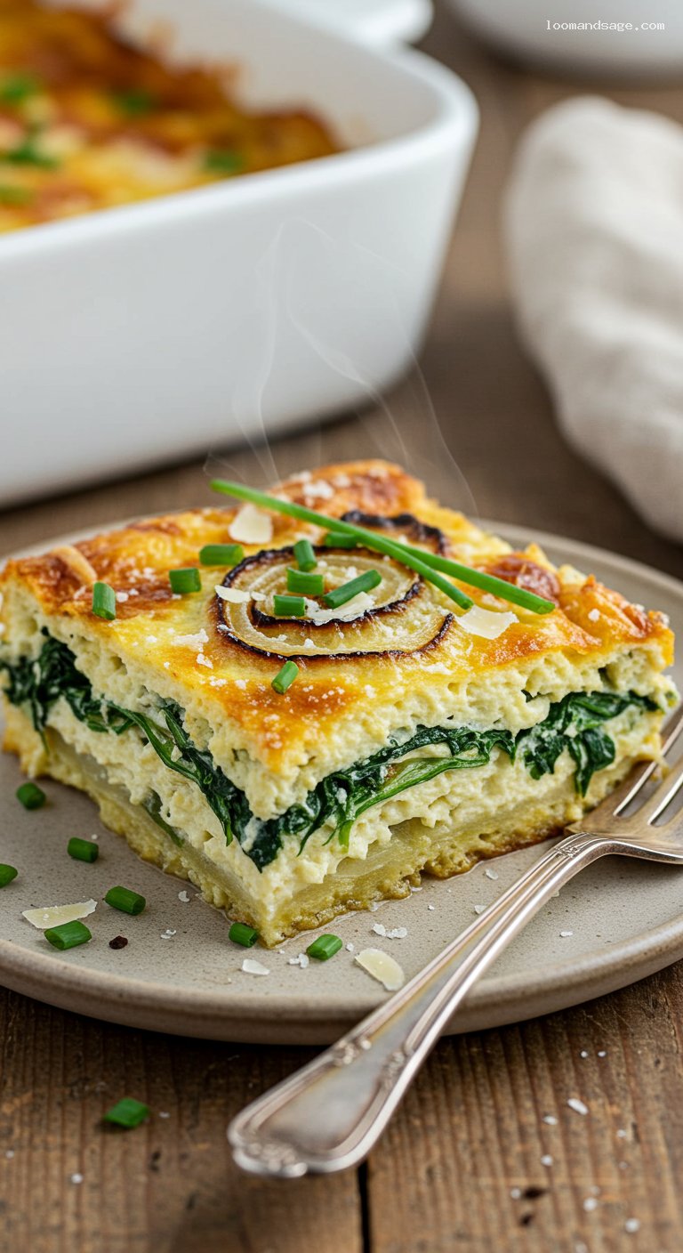Savory Leftover Bread Strata with Spinach and Onions – Closeup