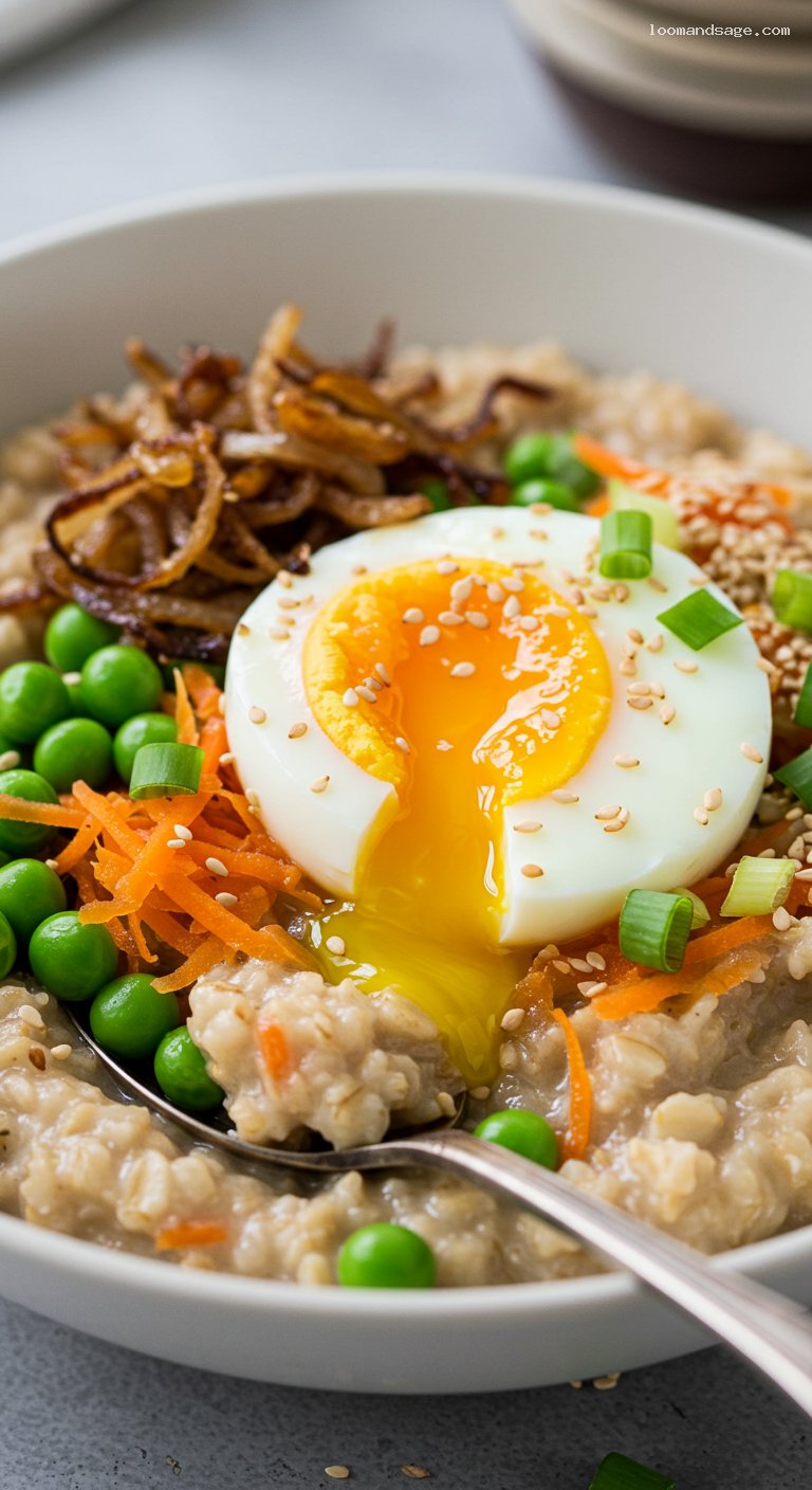 Savory Veggie Oatmeal Bowl with Soy and Butter – Closeup