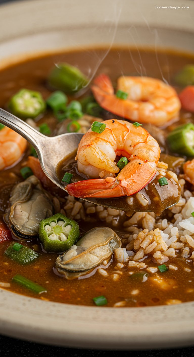Seafood Gumbo with Dark Roux and Okra – Closeup
