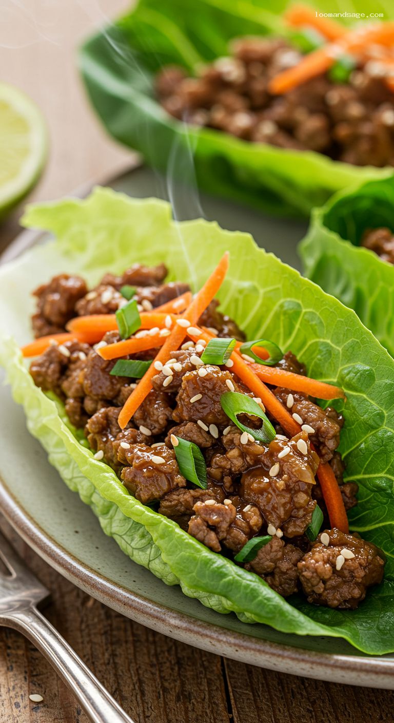 Sesame-Ginger Beef Lettuce Cups – Closeup