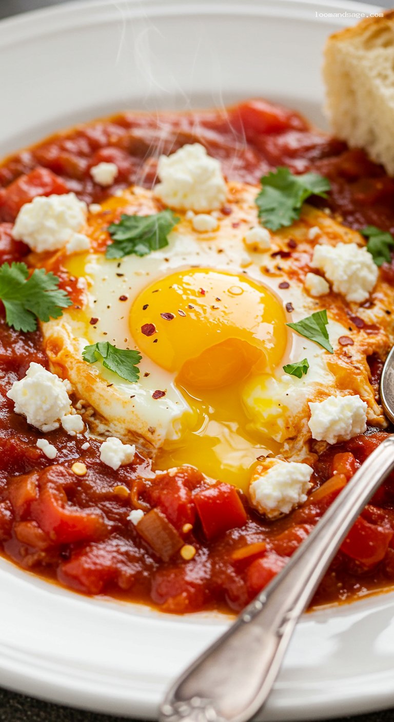 Shakshuka with Feta in Spiced Tomato-Pepper Sauce – Closeup