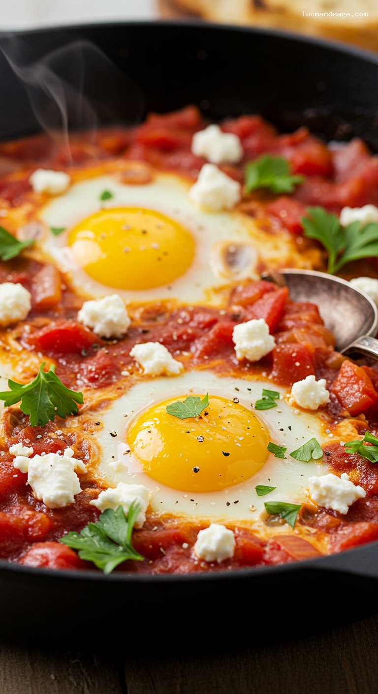Shakshuka with Spiced Tomato-Pepper Sauce and Feta – Closeup