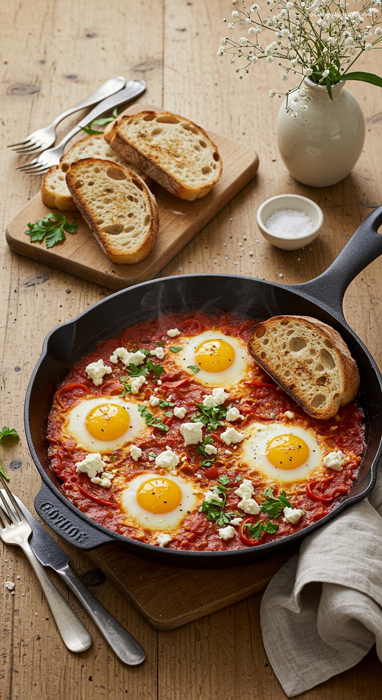 Shakshuka with Spiced Tomato-Pepper Sauce and Feta