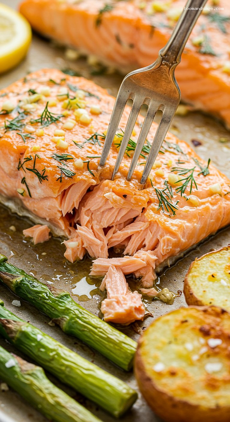 Sheet-Pan Garlic Butter Salmon with Asparagus and Potatoes – Closeup