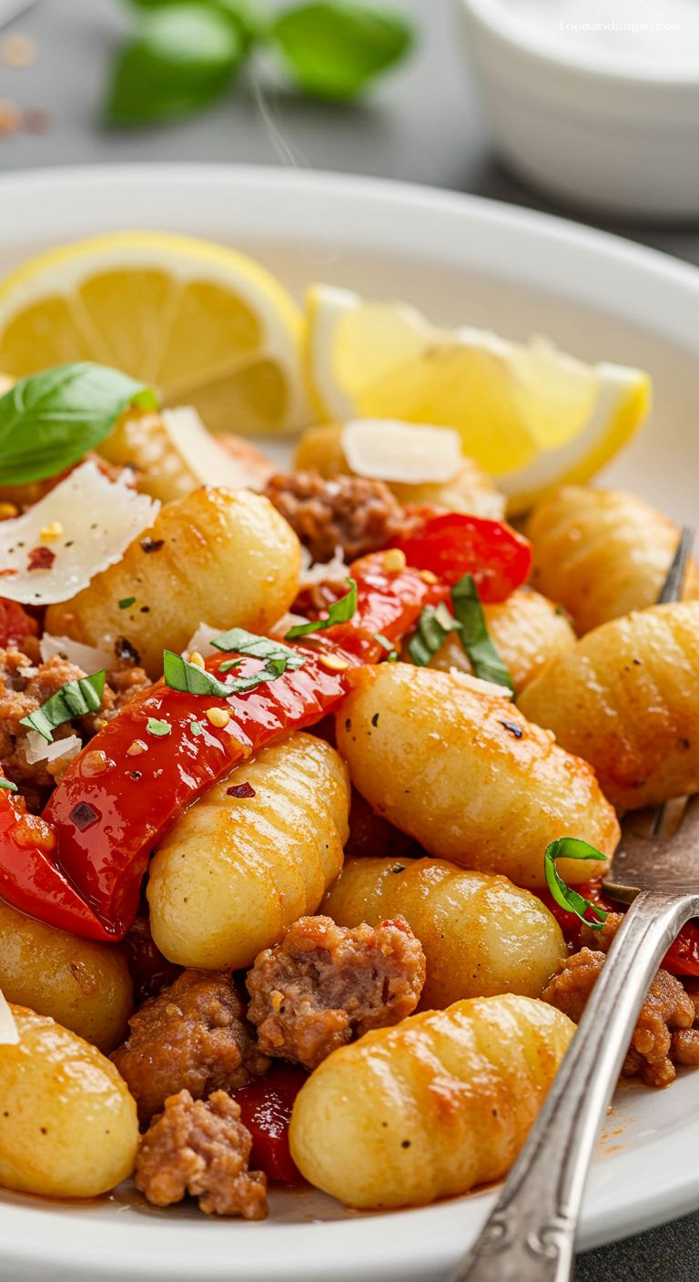 Sheet-Pan Gnocchi with Sausage, Peppers, and Onions – Closeup