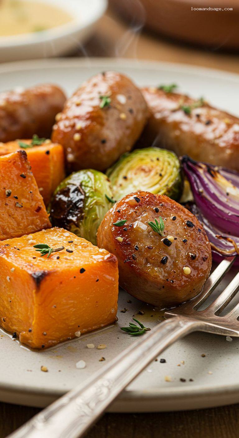 Sheet-Pan Maple Dijon Chicken Sausage and Veggies – Closeup