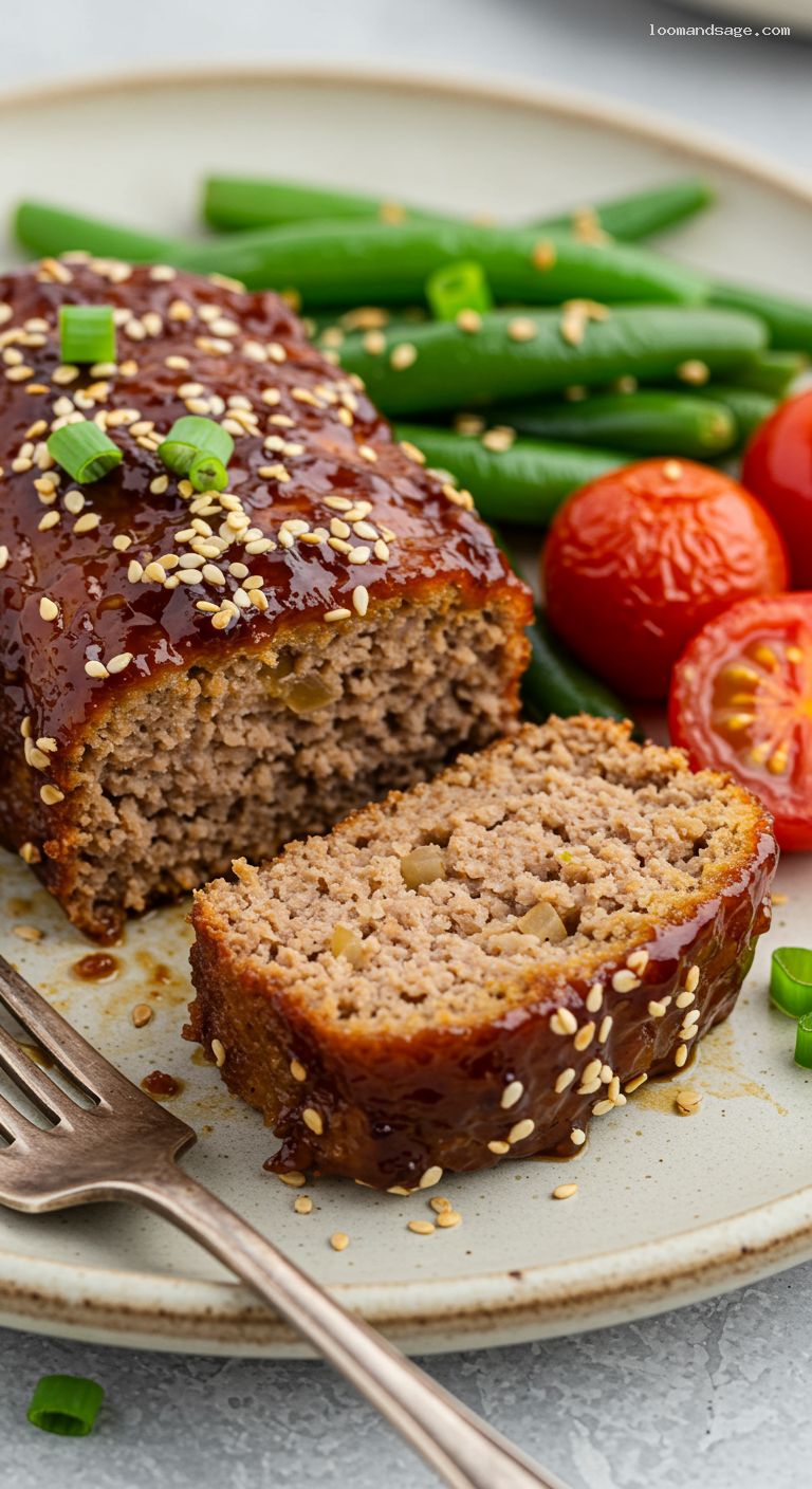 Sheet Pan Maple-Soy Meatloaves with Sesame Green Beans and Tomatoes – Closeup