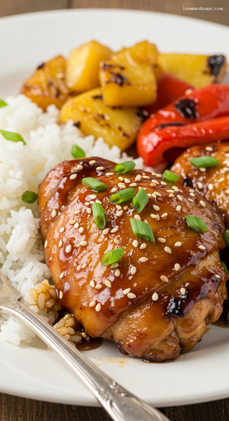Sheet Pan Teriyaki Chicken Thighs with Pineapple and Peppers – Closeup