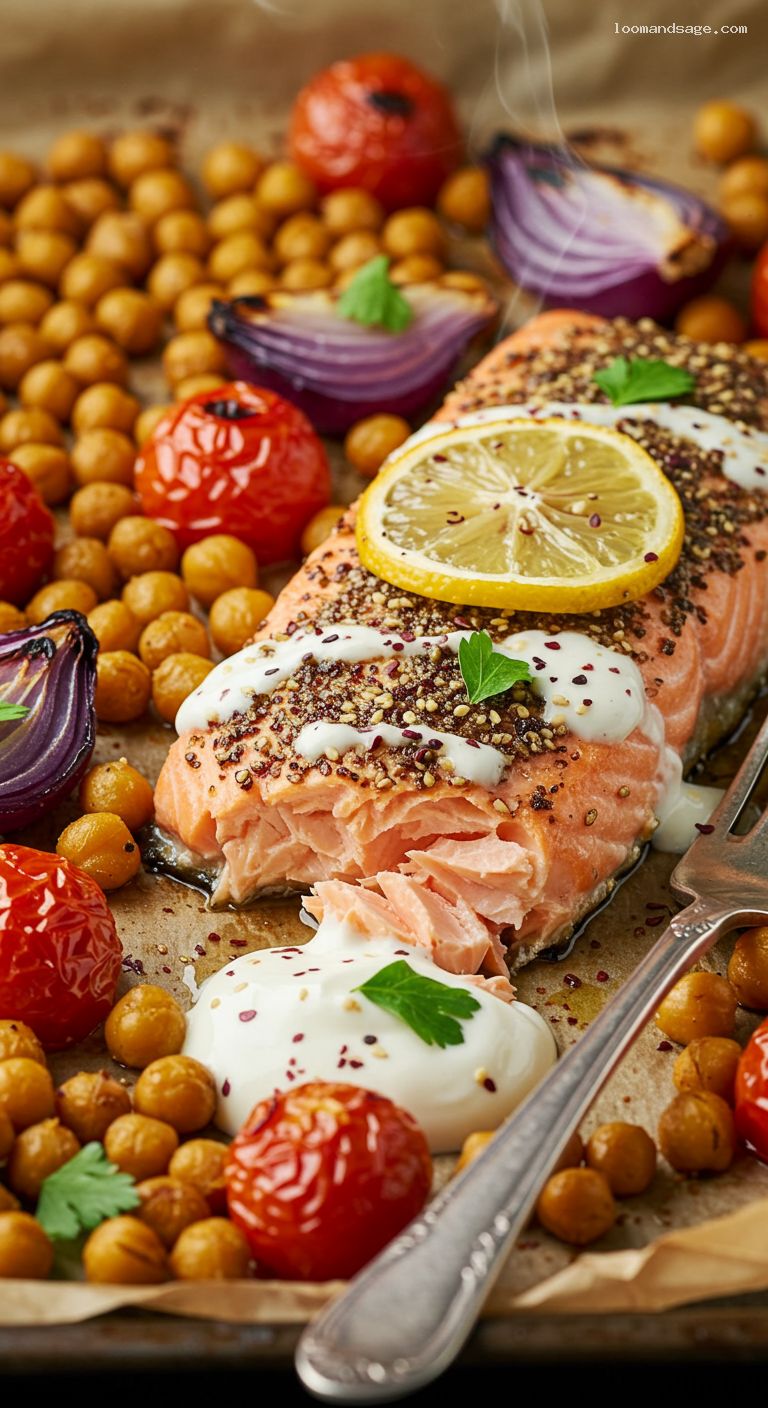 Sheet-Pan Za’atar Salmon with Lemony Chickpeas – Closeup