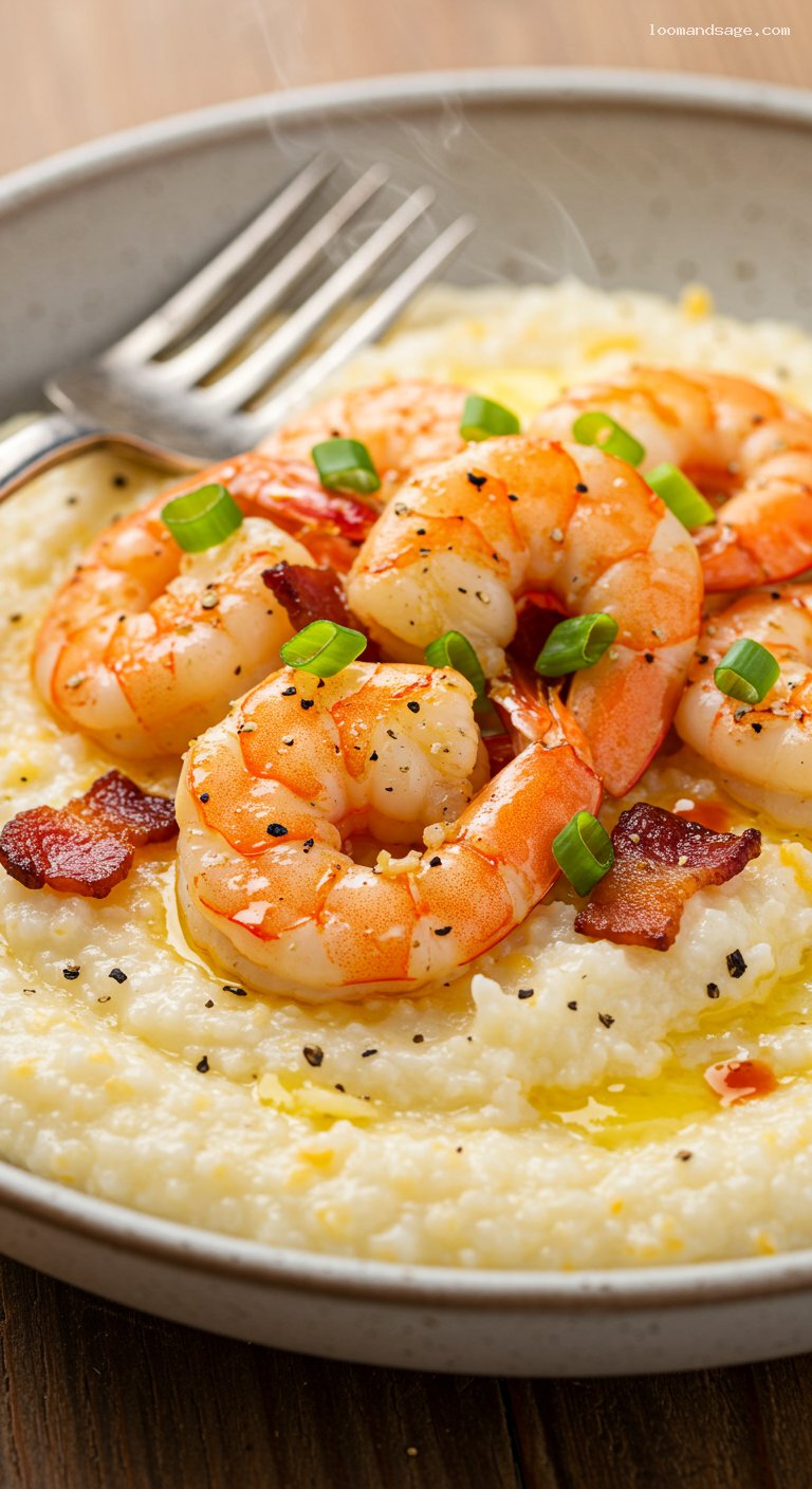 Shrimp and Cheddar Grits with Bacon and Scallions – Closeup