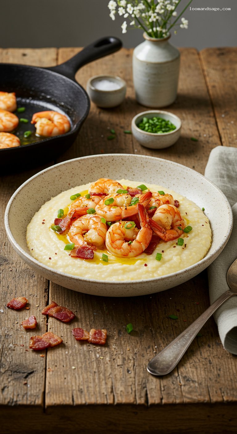 Shrimp and Cheddar Grits with Bacon and Scallions