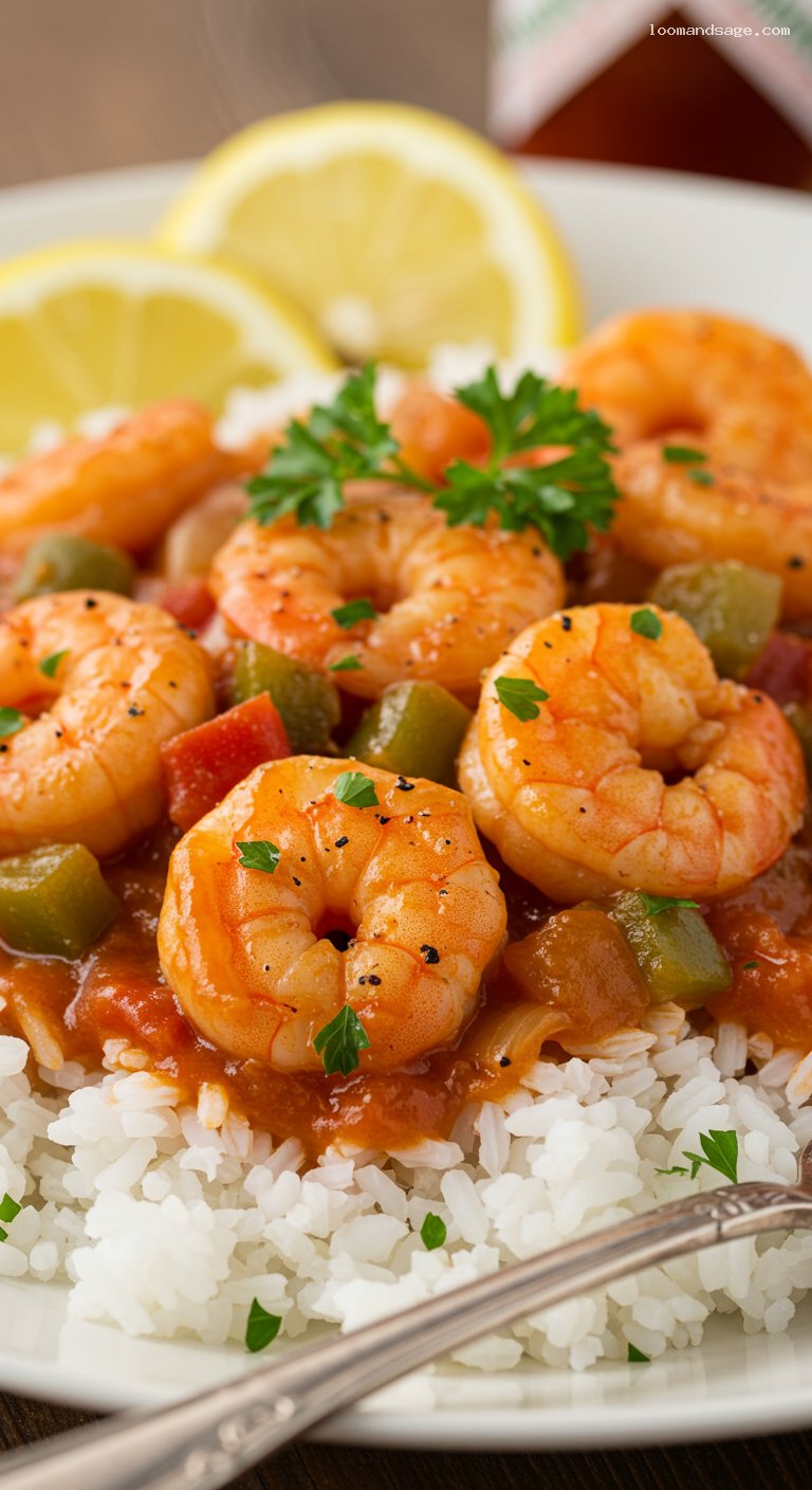 Shrimp Creole with Garlicky Tomato Gravy over Rice – Closeup