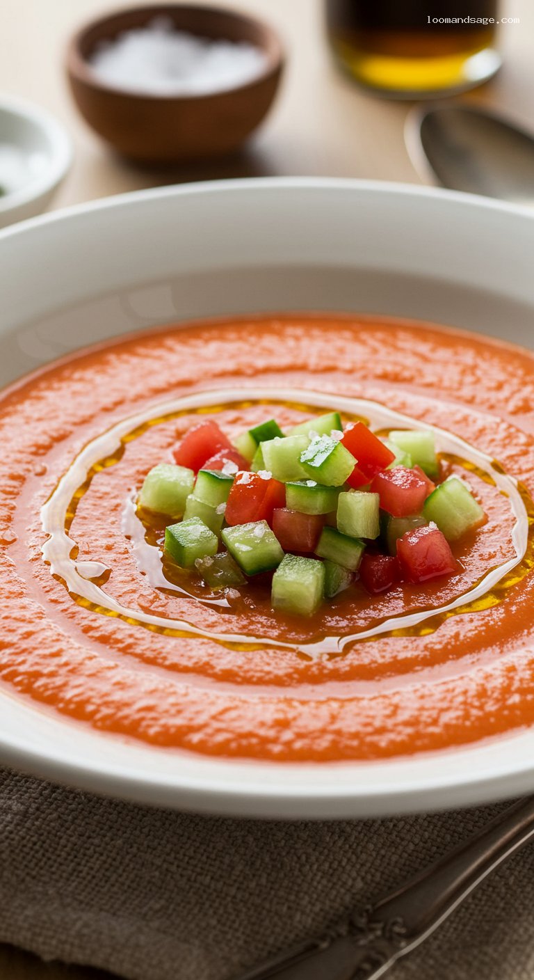 Silky Andalusian Gazpacho with Peak Summer Vegetables – Closeup