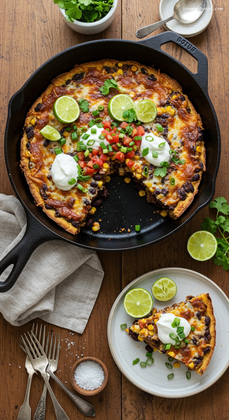 Skillet Black Bean Tortilla Pie with Lime Yogurt