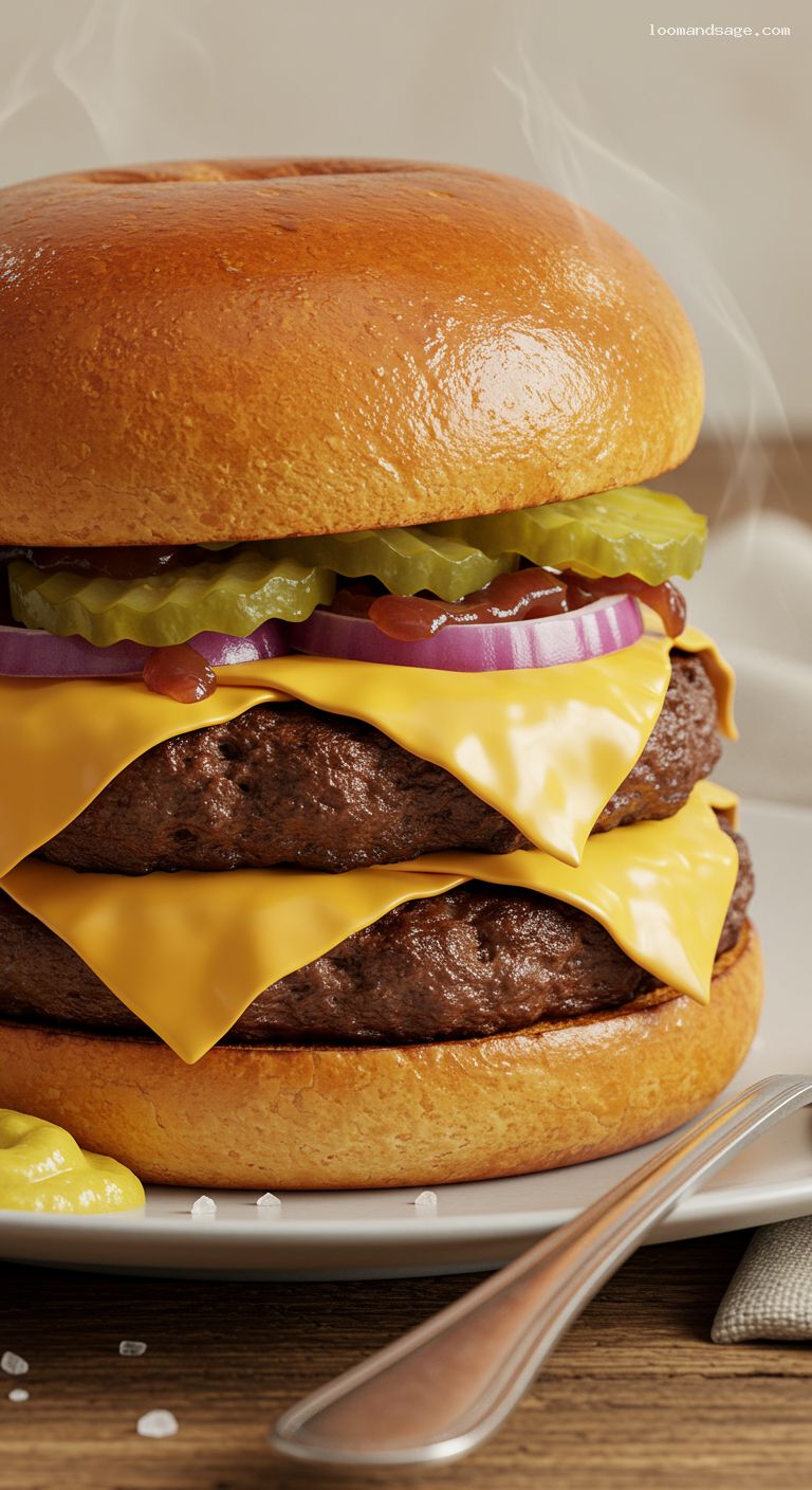 Skillet Cheeseburgers with Caramelized Onions and Pickles – Closeup