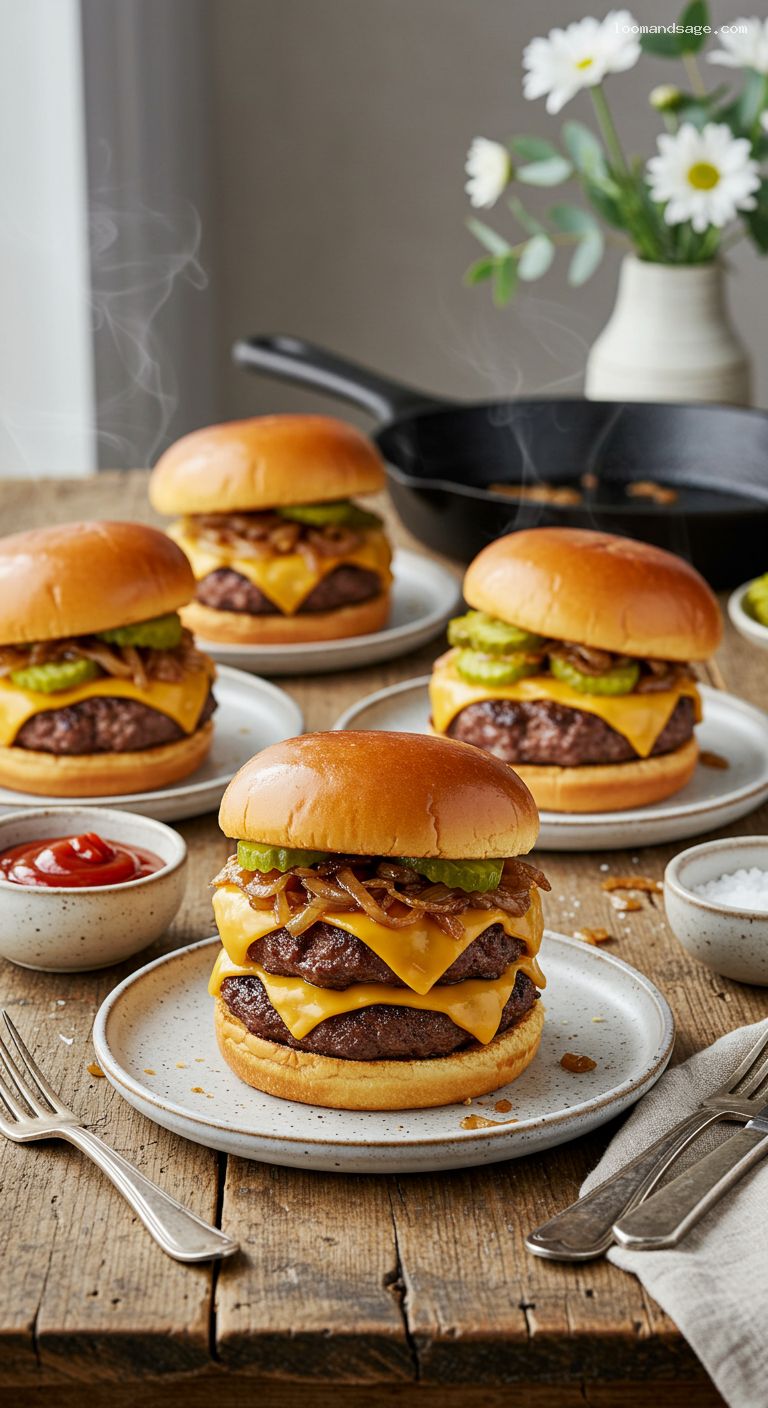 Skillet Cheeseburgers with Caramelized Onions and Pickles