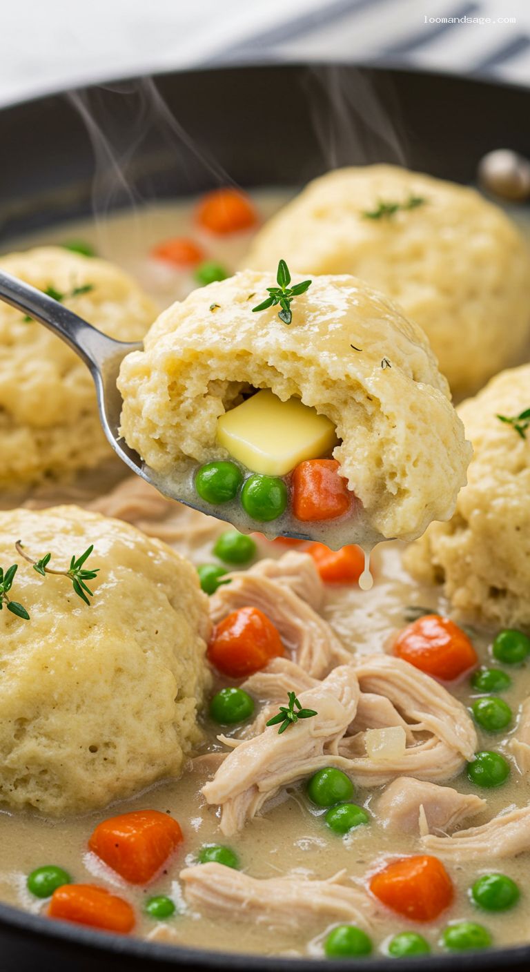Skillet Chicken and Dumplings with Thyme, Peas, and Car – Closeup