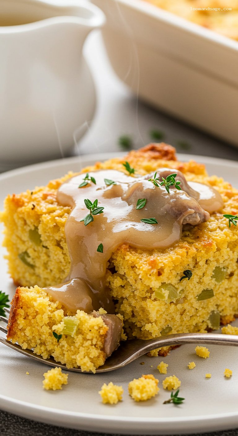 Skillet Cornbread Dressing with Giblet Gravy – Closeup