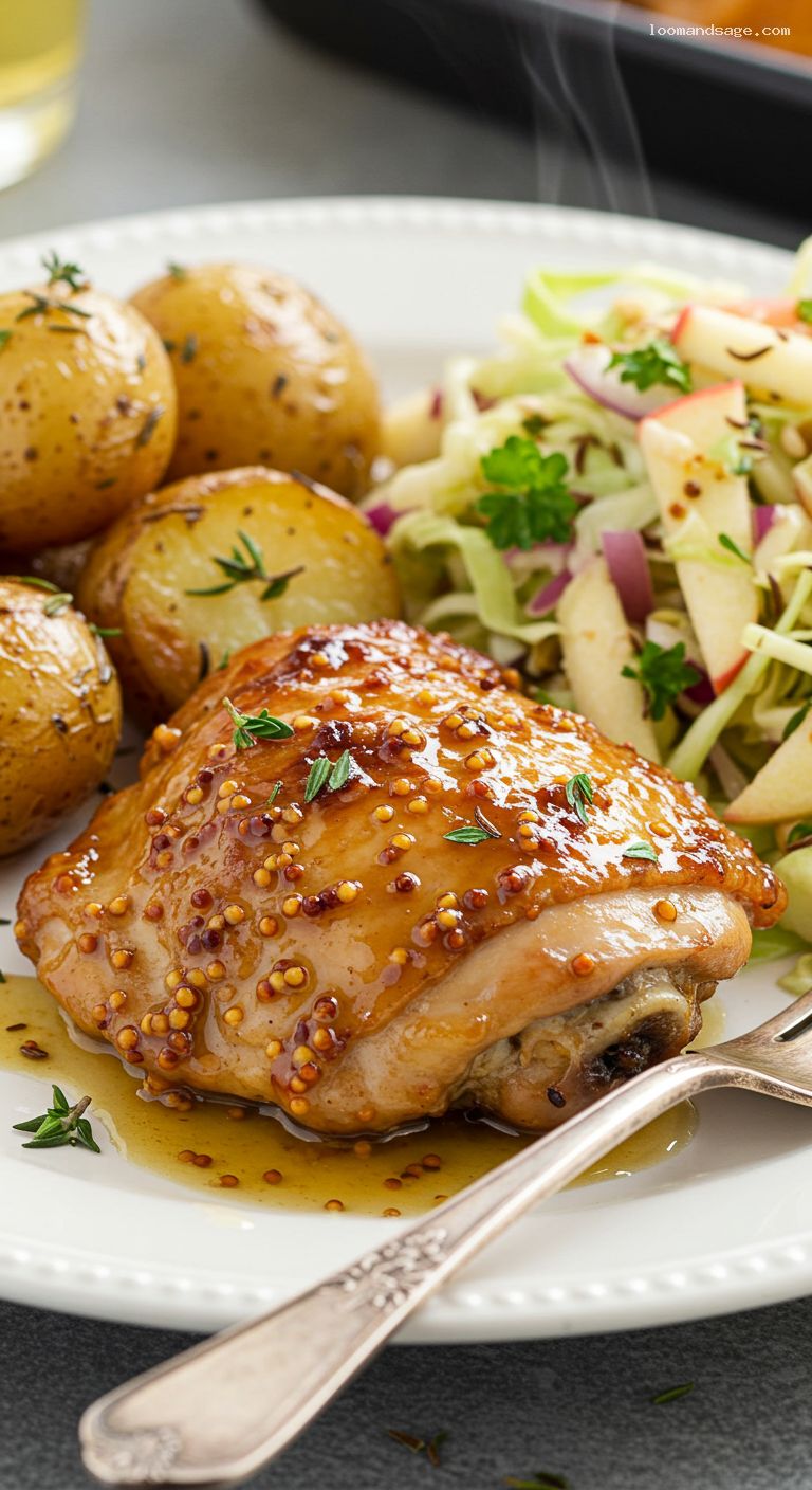 Skillet Honey Mustard Chicken Thighs with Baby Potatoes and Apple-Cabbage Slaw – Closeup