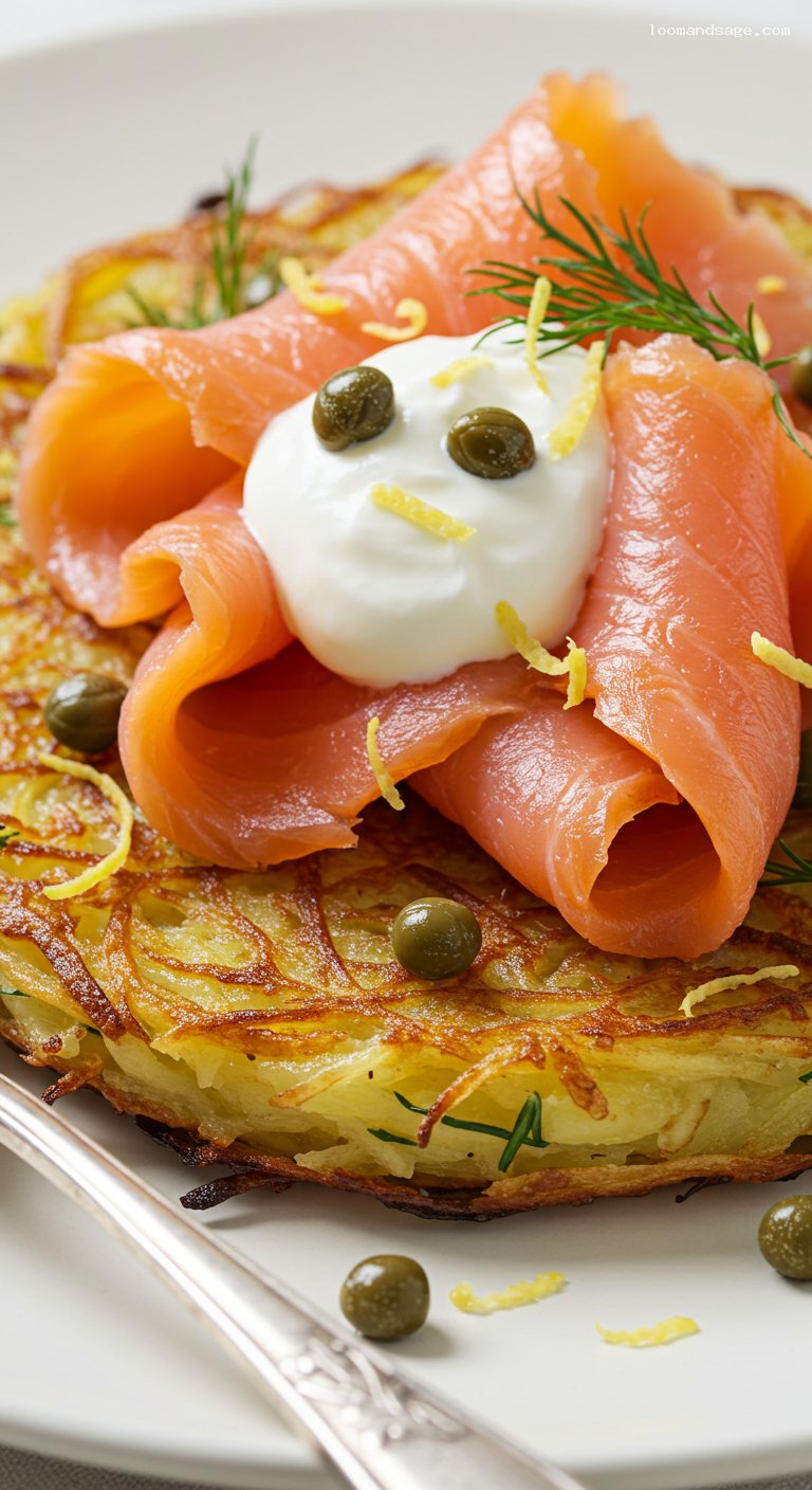 Skillet Rösti with Smoked Salmon and Crème Fraîche – Closeup