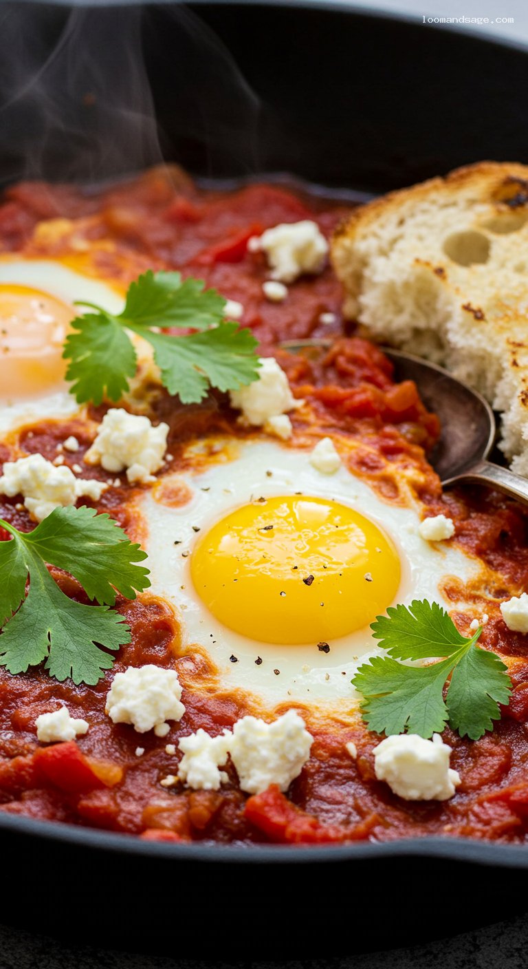Skillet Shakshuka with Spiced Tomato-Pepper Sauce – Closeup