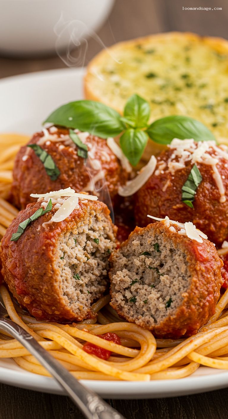 Slow-Cooked Spaghetti and Meatballs with Basil – Closeup