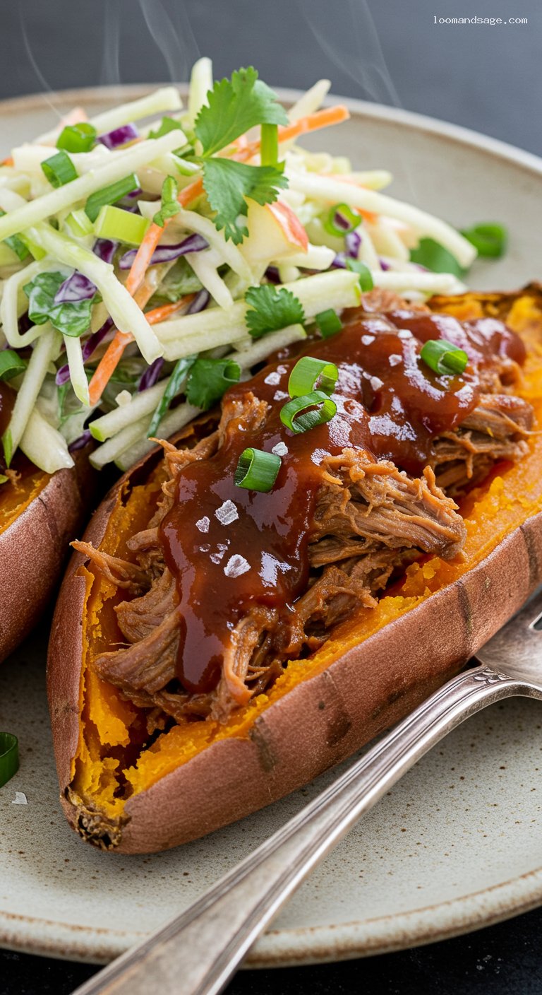 Slow Cooker BBQ Pulled Pork with Sweet Potatoes and Apple Slaw – Closeup