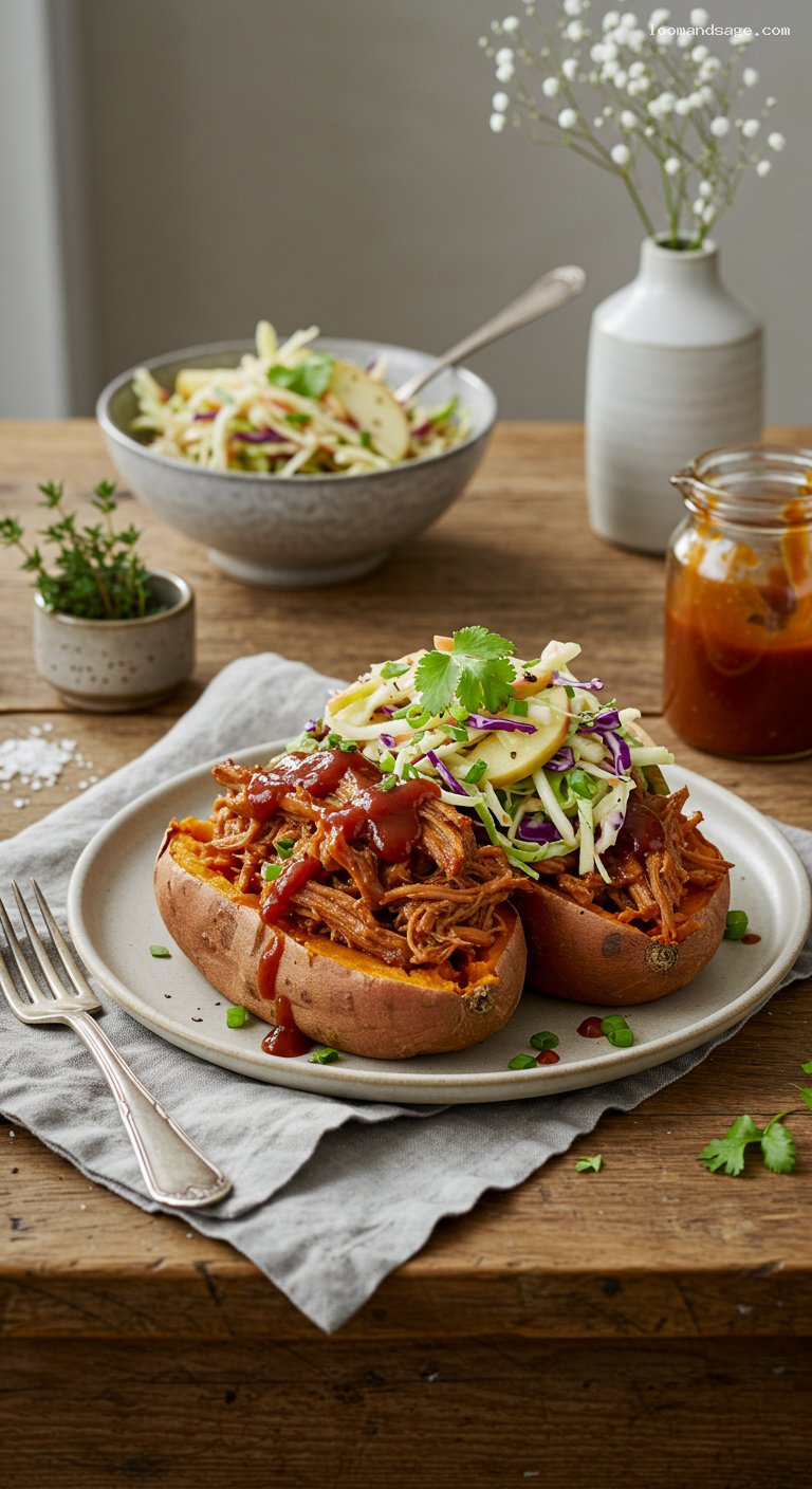 Slow Cooker BBQ Pulled Pork with Sweet Potatoes and Apple Slaw