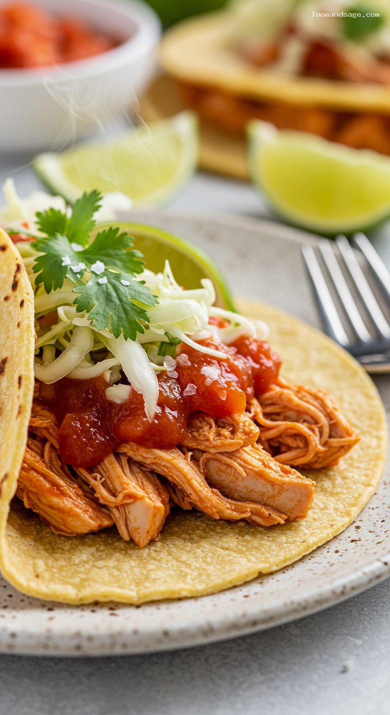 Slow Cooker Salsa Chicken Tacos with Slaw and Lime – Closeup