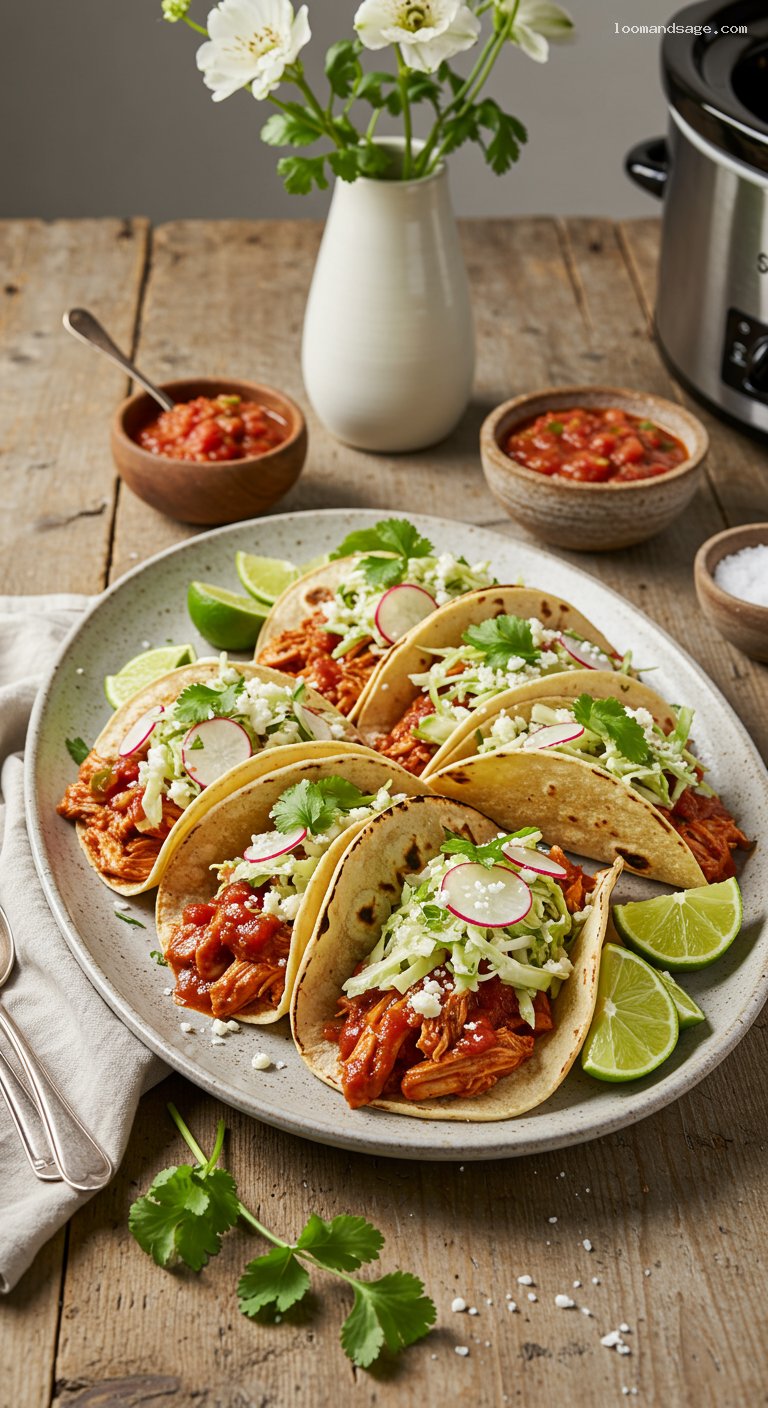 Slow Cooker Salsa Chicken Tacos with Slaw and Lime
