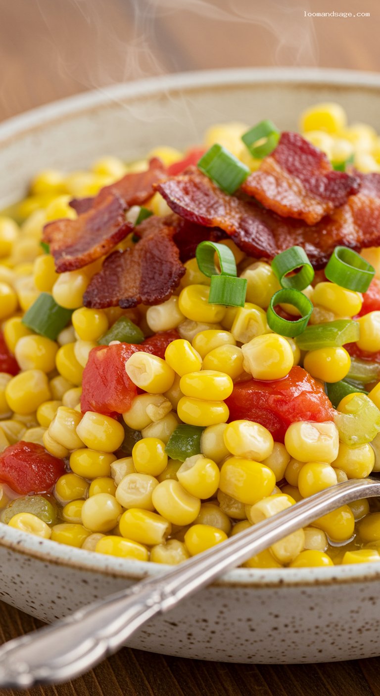 Smoky Corn Maque Choux with Bacon and Scallions – Closeup