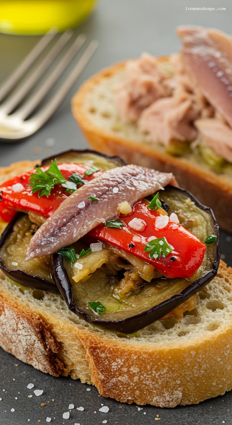 Smoky Escalivada with Olive Oil and Anchovies – Closeup