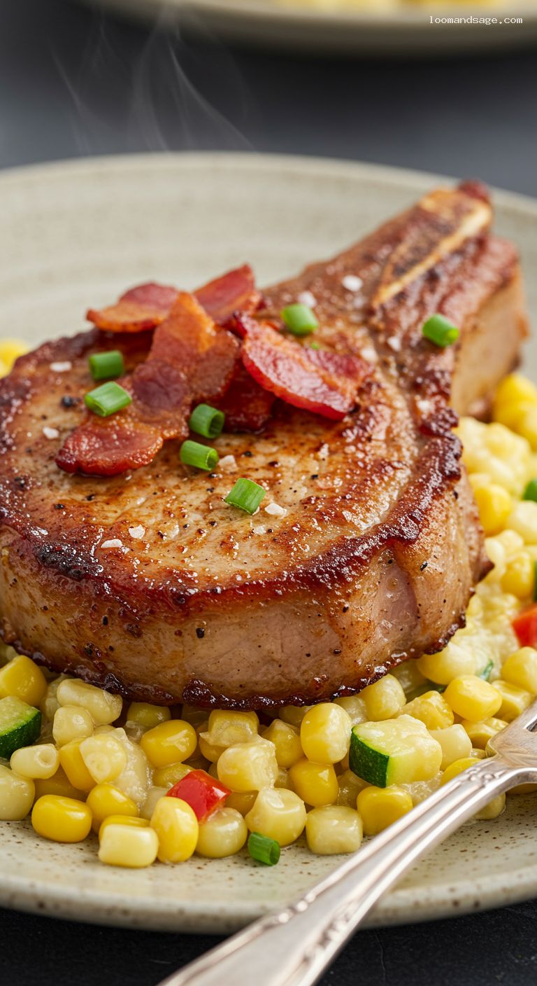 Smoky Paprika Pork Chops with Creamy Succotash – Closeup