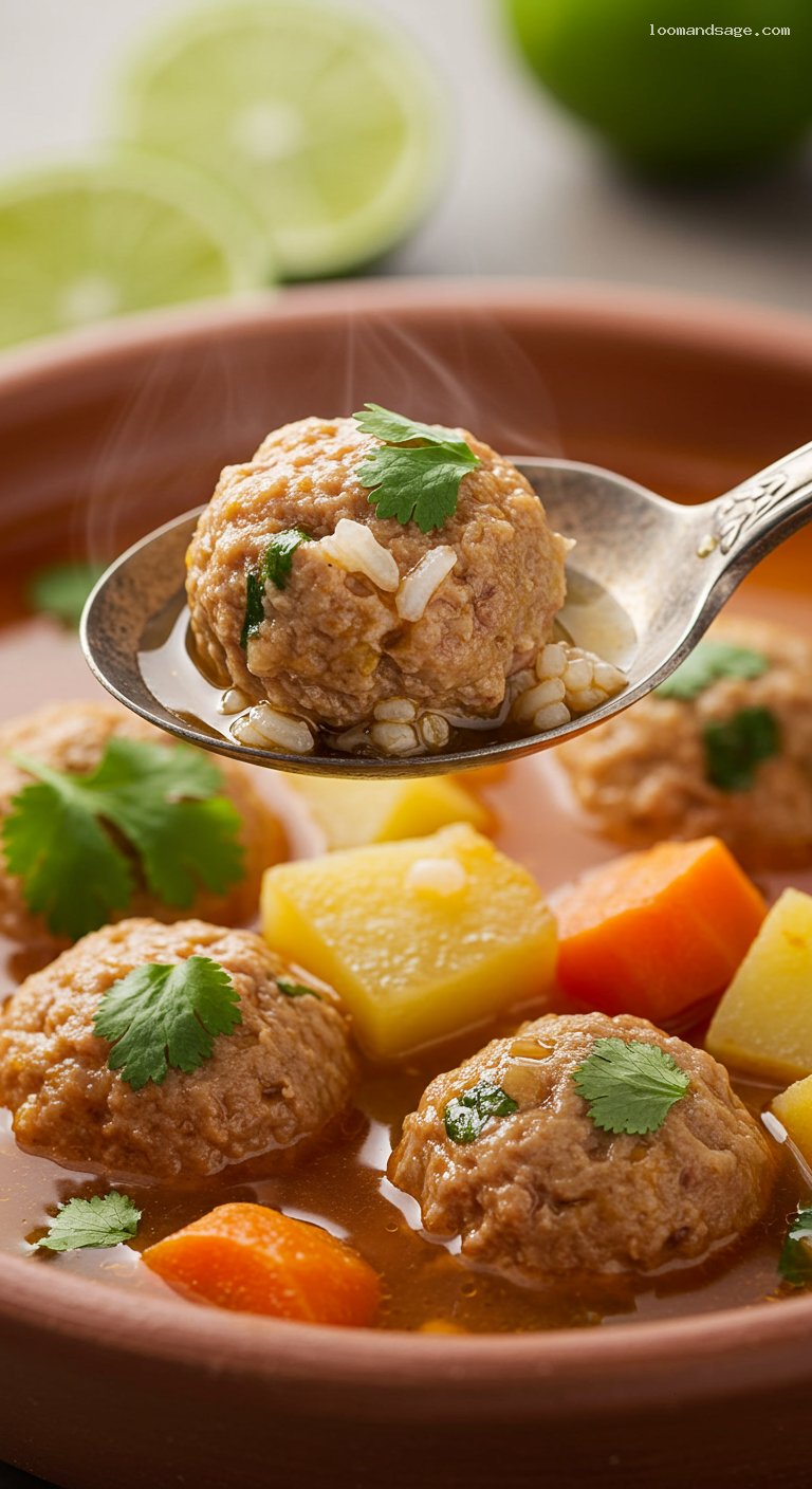Sopa de Albóndigas in Tomato-Chipotle Broth – Closeup