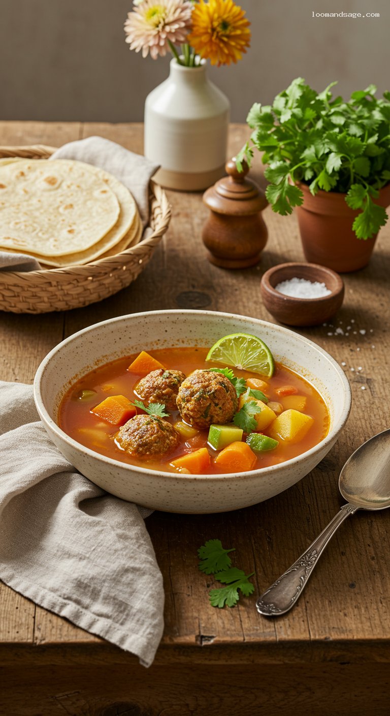 Sopa de Albóndigas in Tomato-Chipotle Broth
