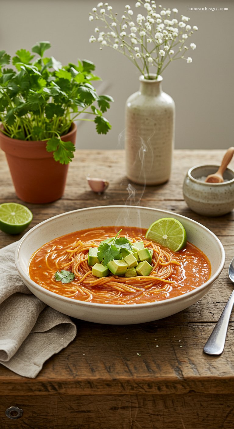 Sopa de Fideo with Tomato Broth, Lime, and Avocado