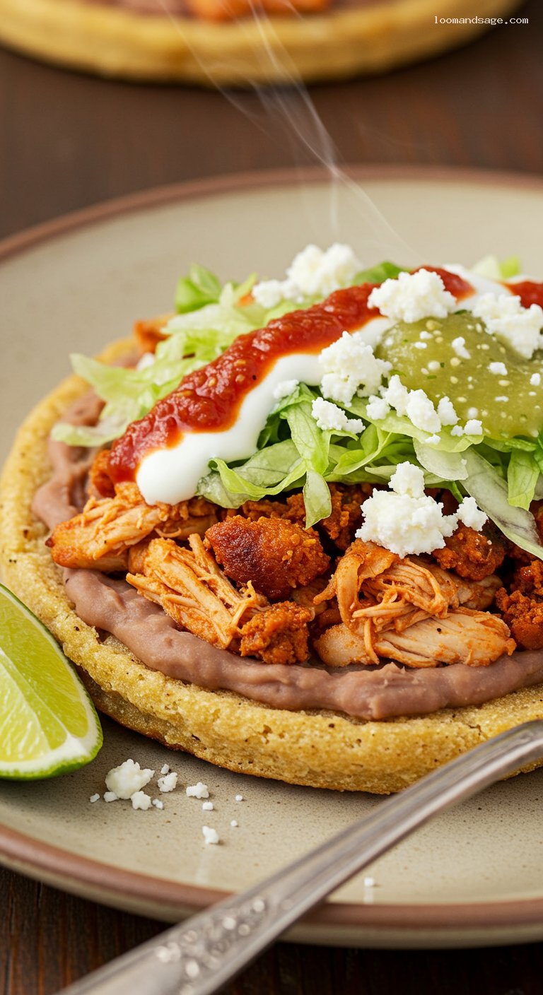 Sopes Surtidos with Beans, Chicken, and Salsa – Closeup