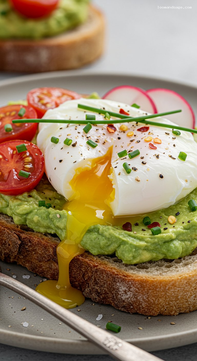 Sourdough Avocado Toast with Poached Egg and Chili – Closeup